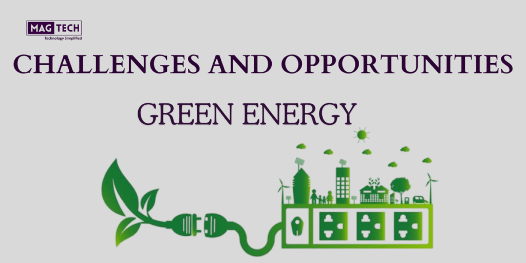 A visual representation of the challenges and opportunities in green energy, showcasing solar panels and wind turbines.